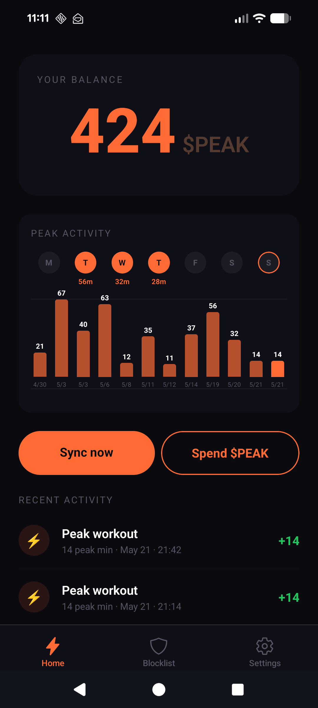 Peak Brain Rot dashboard showing 424 $PEAK balance