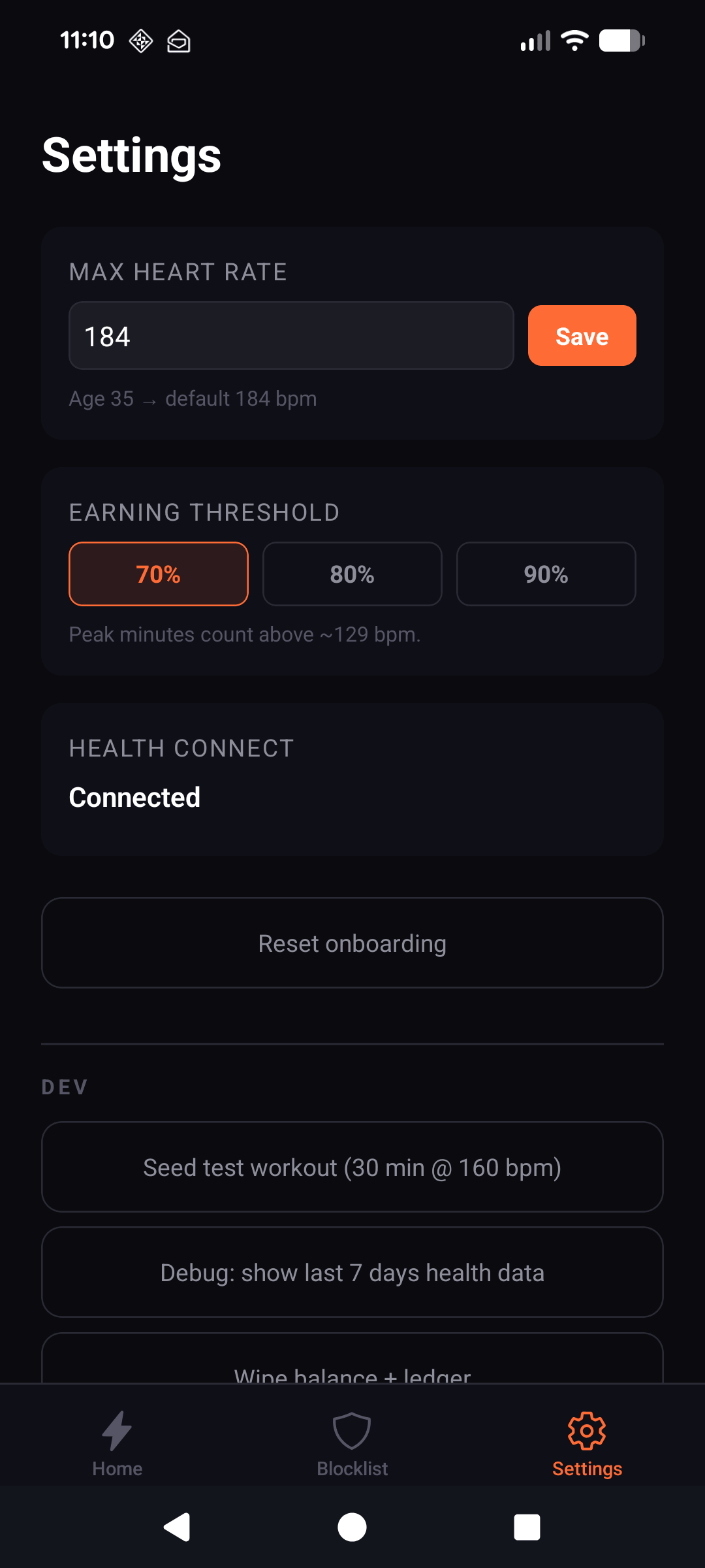 Settings screen with HR max and earning threshold